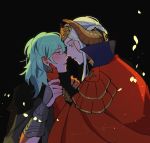  2girls black_background blush byleth_(fire_emblem) byleth_(fire_emblem)_(female) cape edelgard_von_hresvelg eye_contact eyebrows_visible_through_hair eyelashes fire_emblem fire_emblem:_three_houses gauntlets green_hair hand_on_another&#039;s_face highres imminent_kiss looking_at_another medium_hair multiple_girls oratoza parted_lips petals red_cape silver_hair tiara upper_body yuri 