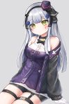  1girl absurdres bare_shoulders black_shorts blush clothes_writing dress expressionless eyebrows_visible_through_hair german_flag girls_frontline gloves green_eyes grey_background hair_ornament hair_ribbon hat head_tilt highres hk416_(girls_frontline) honyang jacket long_hair looking_at_viewer mini_hat off_shoulder open_clothes open_jacket purple_dress ribbon shorts silver_eyes simple_background sitting solo tattoo thigh_strap white_gloves 