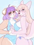  anthro bikini blush breast_squish breasts butt canid canine clothing duo female looking_at_viewer mammal porin smile squish standing swimwear tongue tongue_out wide_hips 