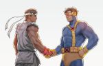  2boys belt black_belt blue_bodysuit bodysuit brown_eyes brown_hair cowboy_shot crossover cyclops_(x-men) dougi eye_contact fingerless_gloves gloves hand_on_hip handshake headband highres looking_at_another marvel mask multiple_boys muscle ryuu_(street_fighter) short_hair simple_background standing street_fighter street_fighter_zero_(series) superhero visor white_background white_headband x-men x-men_vs._street_fighter yellow_gloves zenkiro 