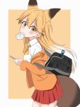  1girl adapted_costume animal_ears bag baozi blush bow bowtie collared_shirt commentary cowboy_shot extra_ears eyebrows_visible_through_hair ezo_red_fox_(kemono_friends) food food_in_mouth fox_ears fox_tail ilyfon133 jacket kemono_friends lucky_beast_(kemono_friends) multicolored_hair orange_eyes orange_hair orange_jacket orange_neckwear pleated_skirt red_skirt school_bag school_uniform shirt shirt_on_shoulders simple_background skirt solo tail white_hair white_shirt 