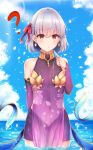  1girl :o ? arm_behind_back bangs bare_shoulders blue_sky blush breasts commentary_request day detached_sleeves dress earrings endsmall_min eyebrows_visible_through_hair fate/grand_order fate_(series) hair_between_eyes hair_ribbon highres in_water jewelry kama_(fate/grand_order) leaf looking_at_viewer navel outdoors purple_dress red_eyes red_ribbon ribbon short_hair silver_hair sky sleeveless sleeveless_dress solo standing 