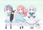  3girls bird blue_eyes bunny doll grey_hair haya_bs highres konno_junko long_hair minamoto_sakura mizuno_ai multiple_girls penguin red_eyes red_hair ribbon shark shoes socks zombie_land_saga 