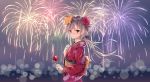  1girl azur_lane black_bow blush bow candy_apple closed_mouth commentary_request eyebrows_visible_through_hair fireworks floating_hair floral_print food from_side hair_between_eyes hair_bow hair_flaps hair_ornament highres holding holding_food japanese_clothes kanzashi kimono lens_flare long_hair looking_at_viewer low_ponytail mask mask_on_head montpelier_(azur_lane) nose_blush obi red_hair sash shokoori silver_hair smile solo tsumami_kanzashi very_long_hair yukata 