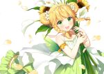  1girl :d bangs bare_shoulders blush braid character_request commentary_request double_bun dress eyebrows_visible_through_hair flower green_dress hair_flower hair_ornament holding holding_flower long_hair looking_at_viewer official_art open_mouth petals round_teeth salt_(salty) simple_background sleeveless sleeveless_dress smile solo sunflower teeth twin_braids twintails uchi_no_hime-sama_ga_ichiban_kawaii upper_teeth white_background white_flower yellow_flower 
