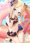  1girl abigail_williams_(fate/grand_order) bangs bare_shoulders barefoot bikini black_bikini black_bow blonde_hair blue_eyes blush bow closed_mouth commentary_request day double_bun emerald_float eyebrows_visible_through_hair fate/grand_order fate_(series) forehead hair_bow hand_up head_tilt innertube kneeling long_hair looking_at_viewer navel orange_bow outdoors parted_bangs polka_dot polka_dot_bow sidelocks smile solo swimsuit water yano_mitsuki 