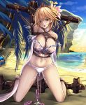  1girl :o arms_behind_back bangs bare_legs bare_shoulders barefoot bdsm beach bikini blonde_hair blue_eyes blush bondage bound bound_ankles breasts cleavage cliff commentary_request cum cum_in_pussy day egg_vibrator europa_(granblue_fantasy) eyebrows_visible_through_hair flower full_body granblue_fantasy hair_flower hair_ornament highres kneeling large_breasts looking_at_viewer monikano navel ocean open_mouth palm_tree rock rope sand see-through shore short_hair solo staff stomach sweat swimsuit tiara treasure_chest tree vibrator vibrator_on_nipple vibrator_under_clothes water white_bikini yellow_flower 