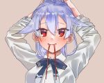  1girl adjusting_hair arms_up blue_bow bow bowtie commentary_request fate/grand_order fate_(series) grey_background hair_between_eyes highres mouth_hold red_eyes red_ribbon ribbon ribbon_in_mouth seirara shirt silver_hair simple_background solo tomoe_gozen_(fate/grand_order) upper_body white_shirt 