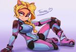  2019 anthro bandicoot big_breasts black_gloves blonde_hair blue_clothing bodysuit boots braided_hair breasts clothed clothing crash_bandicoot_(series) digital_media_(artwork) english_text eyebrows eyelashes eyeshadow female footwear fur gloves green_eyes hair hairbraid hand_on_knee handwear hi_res lidded_eyes lipstick long_hair looking_at_viewer makeup mammal marsupial naughty_dog pink_clothing pinup pose racing_gear simple_background sitting skinsuit smile solo sony_corporation sony_interactive_entertainment tan_fur tawna_bandicoot text tight_clothing toastyscones video_games 