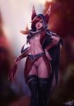  animal_humanoid avian avian_humanoid breasts clothing female hair hi_res humanoid league_of_legends legwear looking_at_viewer mammal nipples personalami pussy red_hair riot_games small_breasts solo thigh_highs video_games xayah_(lol) 