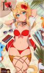  1girl 2018 animal_ears aqua_eyes arm_behind_head armpits bikini blonde_hair book border breasts cat_ears cat_tail cleavage cocktail collarbone eyebrows_visible_through_hair eyewear_removed final_fantasy final_fantasy_xiv flower groin hair_between_eyes hair_flower hair_ornament hat hat_removed headwear_removed highres jewelry long_hair looking_at_viewer lying medium_breasts merunyaa miqo&#039;te mole mole_under_eye navel on_back open_clothes open_shirt parted_lips patreon_username pendant pixiv_username ponytail red_bikini signature solo stomach straw_hat sunglasses swimsuit tail thighs watermark whisker_markings 