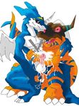  abs balls barefoot biceps big_feet black_eyes blade blue_skin claws cuddling cum cum_in_mouth cum_inside cum_on_arm cum_on_balls cum_on_chest cum_on_hand cum_on_leg cum_on_penis cum_on_stomach cum_on_tongue cum_string digimon dinosaur dragon duo erection exveemon feral feral_on_feral gay grasp greymon handjob holding horn hug lizard looking_down male mask muscles nude on_top open_mouth orange_skin pecs penis plain_background raised_arm red_eyes reptile scalie sharp_teeth sitting spread_legs spreading squint teeth tongue tongue_out unknown_artist white_background wings 