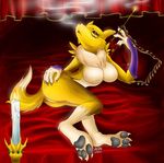  1girl animal_ears ass barefoot bed breasts candle cigarette cigarette_holder digimon feet female furry nude pawpads paws renamon smoking soles solo tail toes 