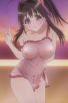  ahoge black_hair bow bow_panties breasts fox_shadow_puppet frills kanokon large_breasts lingerie long_hair minamoto_chizuru negligee nipples no_nose non-web_source panties ponytail purple_eyes screencap see-through smile solo stitched strap_slip third-party_edit underwear 