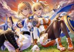  2girls artist_request blonde_hair boots braid braided_ponytail brown_legwear cassandra_alexandra elbow_gloves gloves hair_ribbon hand_on_another&#039;s_hand multiple_girls official_art olive_wreath pantyhose ponytail ribbon shield siblings sisters skirt sophitia_alexandra soulcalibur soulcalibur_vi sword thigh_boots thighhighs weapon wreath 