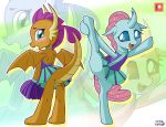  2019 arthropod blue_eyes blush changeling clothing dragon dress duo friendship_is_magic my_little_pony ocellus_(mlp) pom_poms pose smolder_(mlp) stretching uotapo 