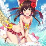  1girl bare_arms bare_shoulders barefoot bell bikini bikini_skirt blue_sky bow breasts brown_hair caustics cliff cloud collarbone commentary_request day fisheye floating_hair flower frilled_bow frills groin hair_bow hair_flower hair_ornament hair_tubes hakurei_reimu hibiscus inflatable_raft jingle_bell long_hair looking_at_viewer minamura_haruki navel ocean open_mouth orange_eyes outdoors red_bikini red_bow red_flower sky small_breasts solo sparkle sunlight swimsuit touhou v_arms water yellow_bow 