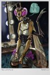  2019 actini ambiguous_gender anthro arthropod clothed clothing crossdressing detailed_background digital_media_(artwork) drawain english_text fingers hi_res hymenopteran insect insect_wings looking_at_viewer solo text wasp wings 