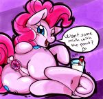  2019 anus butt earth_pony english_text equid equine female feral friendship_is_magic glass hair hi_res horse imaranx looking_at_viewer looking_back mammal milk my_little_pony pinkie_pie_(mlp) pony presenting presenting_anus pussy seductive simple_background solo text 