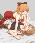  2girls all_fours bare_shoulders blonde_hair blush breasts brown_eyes cleavage covering_mouth granblue_fantasy groin hand_over_own_mouth katalina_aryze long_hair lying medium_breasts midriff miso-ha_(ukyuu) multiple_girls navel on_back pants red_eyes straddling sweatdrop tank_top thighhighs vira_lilie wrist_grab yuri 