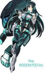  1girl bangs breasts character_name commentary english_text full_body goggles goggles_on_head green_eyes green_hair gundam gundam_build_divers_re:rise highres large_breasts leotard long_hair long_sleeves looking_at_viewer may_(gundam_build_divers_re:rise) mecha mecha_musume sidelocks tim_(a9243190a) very_long_hair wodom_pod 