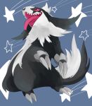  blue_background claws commentary_request full_body galarian_linoone gen_8_pokemon looking_at_viewer no_humans open_mouth pink_eyes pink_sclera pokemon pokemon_(creature) sharp_teeth simple_background smile solo standing star teeth tongue tongue_out waribashi_(warenuhasi) 
