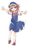  1girl :d arms_up bangs beret blue_eyes blush brown_hair character_request copyright_request double_v dress full_body hair_between_eyes hat loafers loose_clothes namori neck_ribbon open_mouth outstretched_arms ribbon school_uniform shoes short_sleeves smile socks solo standing v white_background white_legwear 