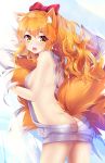  2017 animal_humanoid blush bow breasts butt canid canid_humanoid canine canine_humanoid clothing dipstick_tail female fox_humanoid fur hair hi_res humanoid long_hair mammal mammal_humanoid multicolored_tail open_mouth solo squchan white_fur 