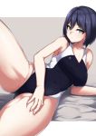  1girl arm_support bangs bed_sheet black_swimsuit bob_cut border breasts competition_swimsuit grey_background hand_on_own_thigh kaname_nagi large_breasts leg_up looking_to_the_side lying nijisanji on_side one-piece_swimsuit purple_hair shizuka_rin solo spread_legs swimsuit thighs white_border yellow_eyes 