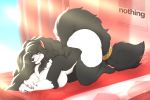  2017 bed bedroom big_breasts big_butt big_tail black_fur black_hair black_nose breasts butt canid canine canis female fur hair huge_breasts lying mammal sia_(ebonycrowned) tattoorexy thick_thighs watermark white_fur wolf 
