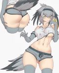  1girl alternate_costume ass ass_visible_through_thighs bangs bare_shoulders bird_tail black_hair blonde_hair boyshorts breasts collarbone elbow_gloves gloves green_eyes grey_gloves grey_hair grey_legwear grey_shorts hair_between_eyes hair_intakes headband highres kemono_friends looking_at_viewer low_ponytail medium_hair midriff multicolored_hair navel nikita_varb no_bra orange_hair parted_lips shoebill_(kemono_friends) short_shorts shorts side_ponytail skindentation solo stomach tail tank_top thighhighs toned underboob 