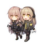  2girls :d bangs black_footwear black_gloves black_hairband black_jacket black_ribbon black_skirt blush boots brown_footwear brown_legwear chibi commentary dated eyebrows_visible_through_hair fingerless_gloves girls_frontline gloves green_jacket gun h&amp;k_ump h&amp;k_ump40 h&amp;k_ump45 hair_between_eyes hairband hand_on_another&#039;s_shoulder holding holding_gun holding_weapon jacket light_brown_hair long_hair multiple_girls object_namesake one_side_up open_clothes open_jacket open_mouth orange_eyes pantyhose pleated_skirt ribbon signature simple_background skirt smile submachine_gun tama_yu tears ump40_(girls_frontline) ump45_(girls_frontline) very_long_hair walking weapon white_background yellow_eyes 