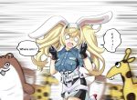  1girl animal_ears belt black_gloves blonde_hair blue_eyes blue_shirt bokukawauso breast_pocket breasts bunny_ears collared_shirt commentary_request crying gambier_bay_(kantai_collection) giraffe gloves hair_between_eyes hairband highres kantai_collection large_breasts mascot multicolored multicolored_clothes multicolored_gloves otter pocket shirt short_sleeves shorts tk8d32 translated twintails white_gloves 