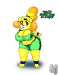  animal_crossing bodily_fluids breasts canid canine canis domestic_dog exercise female hi_res isabelle_(animal_crossing) kingjion mammal nintendo solo sweat text video_games 