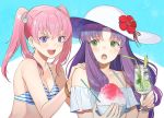  2girls bikini blue_eyes blush breasts drink fire_emblem fire_emblem:_the_blazing_blade florina green_eyes hat kyufe long_hair multiple_girls one_eye_closed open_mouth pegasus_knight pink_hair purple_eyes purple_hair serra smile swimsuit twintails 