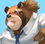  blush bodily_fluids breath canid canine clothing gyobu huff jmeo1230 male mammal necktie panting ponytail raccoon_dog scar sex_face suit sweat tanuki tokyo_afterschool_summoners video_games 