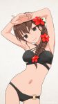  1girl akagi_(fmttps) armpits arms_up artist_name bangs bikini black_bikini braid breasts brown_eyes brown_hair closed_mouth cowboy_shot flower girls_und_panzer grey_background hair_flower hair_ornament hair_over_shoulder head_tilt highres leaning_to_the_side light_smile lips long_hair looking_at_viewer medium_breasts multi-strapped_bikini navel o-ring o-ring_bottom own_hands_together revision rukuriri single_braid skindentation solo standing swimsuit texture twitter_username 