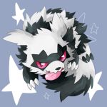  blue_background claws commentary_request drooling full_body galarian_zigzagoon gen_8_pokemon looking_at_viewer no_humans open_mouth pink_sclera pokemon pokemon_(creature) purple_eyes saliva sharp_teeth simple_background smile solo star teeth tongue tongue_out waribashi_(warenuhasi) 