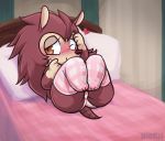  &lt;3 animal_crossing anthro bed better_version_at_source bitebox64 blush butt clothed clothing eulipotyphlan female freckles hedgehog hi_res legwear lying mammal nintendo pillow sable_able solo video_games 
