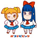  2girls ;) artist_request blonde_hair blue_eyes blue_hair blush commentary dress english_commentary eyebrows_visible_through_hair looking_at_viewer multiple_girls one_eye_closed pipimi poptepipic popuko sailor_dress scrunchie signature smile yellow_eyes 