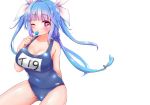  1girl blue_hair blue_swimsuit candy commentary_request cowboy_shot food hair_ribbon highres i-19_(kantai_collection) kantai_collection lollipop long_hair looking_at_viewer name_tag negative_space one-piece_swimsuit one_eye_closed red_eyes ribbon saburou_03 school_swimsuit simple_background sitting solo star star-shaped_pupils swimsuit symbol-shaped_pupils tri_tails twintails white_background 