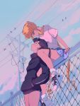  2girls bird bishoujo_senshi_sailor_moon black_hair blonde_hair blue_eyes blush casual chain-link_fence double_bun earrings eye_contact fence highres jewelry leaning_on_person long_hair looking_at_another low_ponytail marmalade_(elfless_vanilla) multiple_girls power_lines sailor_moon seiya_kou shirt shoes sitting sitting_on_fence skirt smile sneakers standing sunset t-shirt telephone_pole track_suit tsukino_usagi twintails very_long_hair yuri 