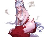  1girl absurdres arm_support ass bandaid bangs blush bow breast_hold breasts commentary_request fujiwara_no_mokou hair_between_eyes hair_bow highres kikimifukuri large_breasts long_hair looking_at_viewer no_nipples no_shoes nose_blush pants red_eyes red_pants shirt sidelocks silver_hair simple_background sitting smoke socks solo suspenders sweat thick_thighs thighs topless torn_clothes torn_pants torn_shirt touhou v-shaped_eyebrows very_long_hair white_background white_bow white_legwear white_shirt 