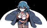  1girl akairiot armor blue_eyes blue_hair breasts byleth_(fire_emblem) byleth_(fire_emblem)_(female) cape fire_emblem fire_emblem:_three_houses hair_ornament highres long_hair looking_at_viewer pantyhose short_hair simple_background solo upper_body 