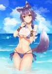  1girl absurdres aki_makoto animal_ear_fluff animal_ears artist_name ass_visible_through_thighs bikini blue_bikini blue_sky breasts brown_eyes closed_mouth cloud cloudy_sky crop_top day dongye groin hand_on_own_chest hands_up highleg highres horizon large_breasts looking_at_viewer navel ocean outdoors princess_connect! princess_connect!_re:dive purple_hair see-through shirt short_hair short_sleeves side-tie_bikini sky solo swimsuit tail thigh_gap wading water wet wet_clothes wet_shirt wolf_ears wolf_tail 