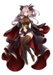  1girl alternate_breast_size barbariank black_dress breasts brown_legwear commentary detached_sleeves draph dress english_commentary gold_trim granblue_fantasy hair_over_one_eye highres horns large_breasts long_hair navel navel_cutout nio_(granblue_fantasy) pointy_ears purple_eyes purple_hair showgirl_skirt solo thighhighs white_background 