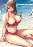  1girl amane_ruri bangs bare_shoulders bikini blush breasts brown_eyes brown_hair cleavage collarbone frilled_bikini frills groin head_tilt highres large_breasts long_hair looking_at_viewer navel ocean original parted_lips playing_with_own_hair red_bikini shiny shiny_skin sidelocks sitting solo stomach swimsuit thighs wet 