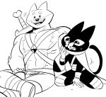  2019 anthro bao_bao black_nose blush canid canine canis clothing domestic_cat domestic_dog duo felid feline felis gloves handwear humanoid_hands junkmixart male mammal mao_mao mao_mao_heroes_of_pure_heart melee_weapon muscular muscular_male simple_background sitting sword weapon 