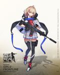  1girl acr acr_(girls_frontline) ahoge ankle_boots assault_rifle bangs black_gloves black_jacket black_legwear blonde_hair blue_eyes blush boots breasts character_name closed_mouth fingerless_gloves full_body girls_frontline gloves gun hair_behind_ear hair_between_eyes hair_ornament hairclip highres holding jacket looking_at_viewer mole mole_under_eye official_art padded_cloak padding panties remington_acr rifle saitou_masatsugu short_hair sidelocks skirt snap-fit_buckle solo thigh_strap thighhighs trigger_discipline underwear watermark weapon white_skirt 