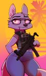  2019 absurd_res anthro arctic_fox belt bottomwear bulletproof_vest canid canine cheek_tuft clothed clothing disney elbow_tufts english_text eyewear female fox glasses gun head_tuft hi_res holding_gun holding_object holding_weapon jeans mammal match mouth_hold mp5 palm_tree pants radio ranged_weapon shirt signature skye_(zootopia) smoke_grenade solo standing striped_shirt submachine_gun sun text thick_thighs topwear tree trigger_discipline tuft vaporwave weapon yitexity zootopia 